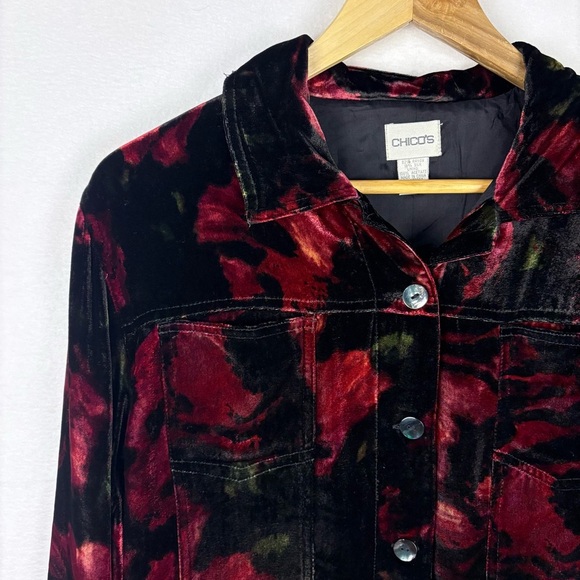 Chico’s Floral Crushed Velvet Shirt Jacket Holiday Elegant Office - Picture 3 of 6